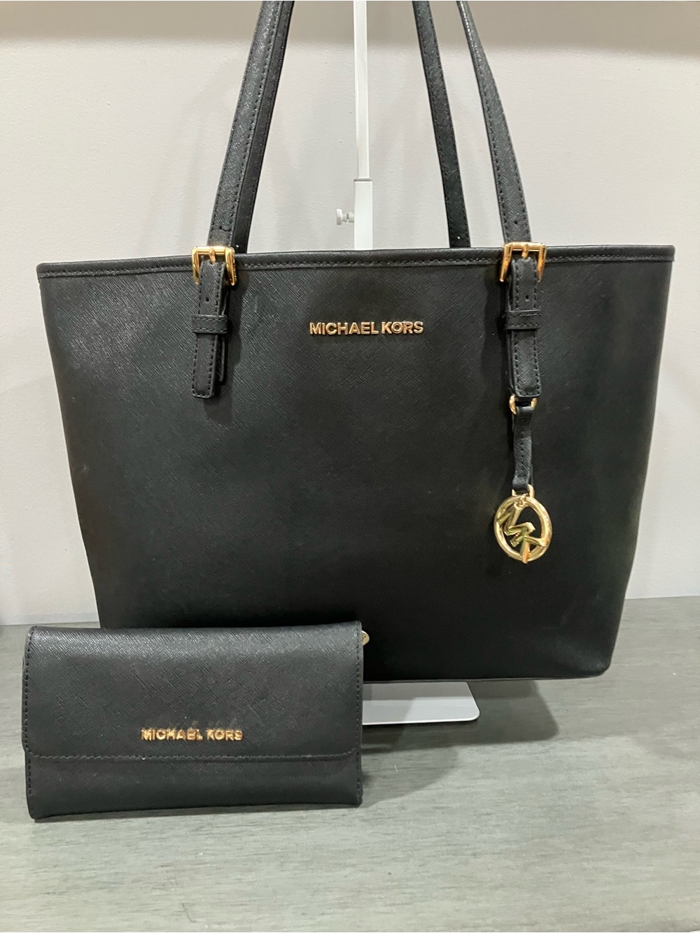 Michael Kors Black Saffiano Leather Tote with Wallet set